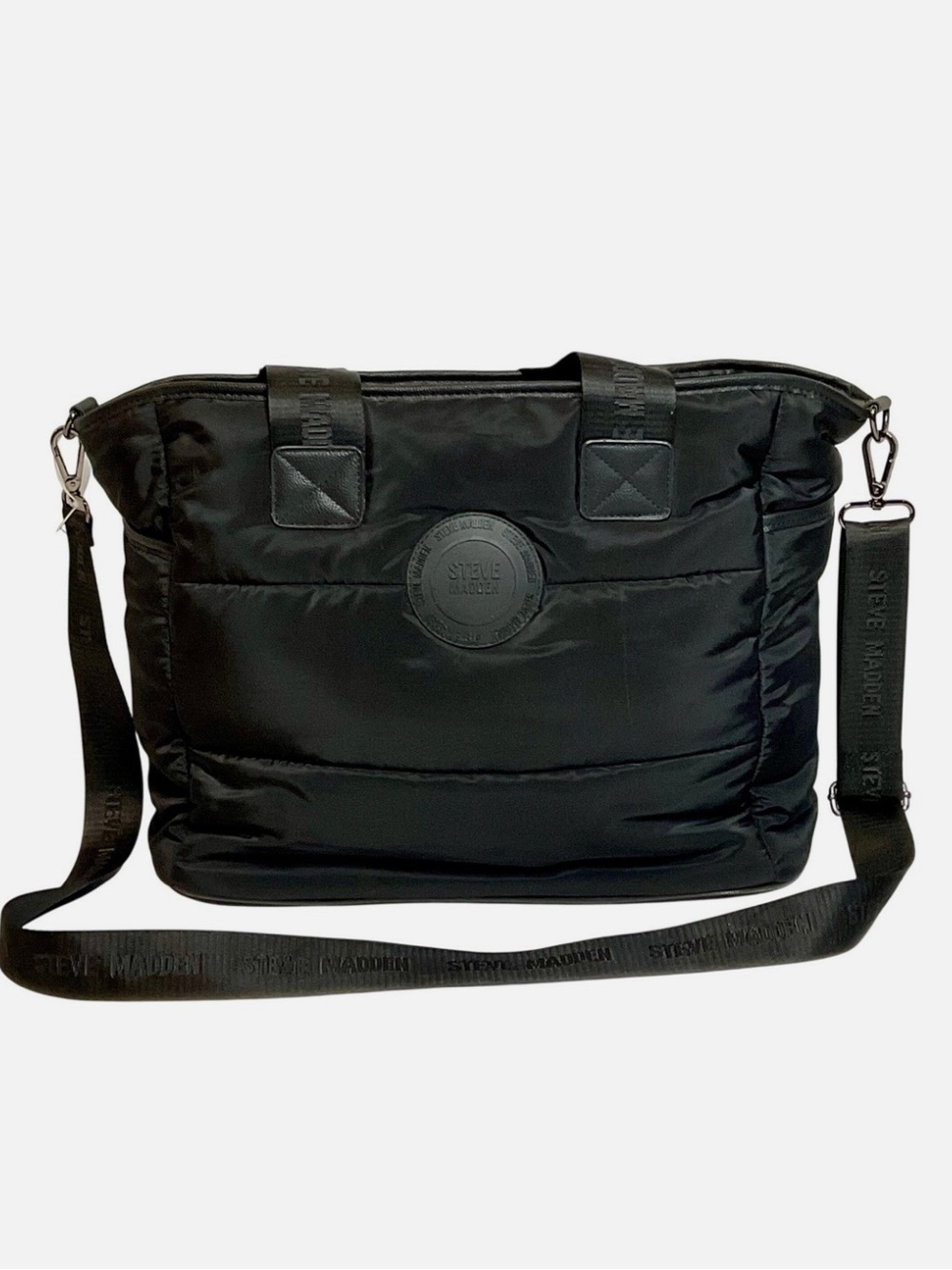 Steve Madden Black Quilted Large Puffer Tote Bag Like New Logo Strap